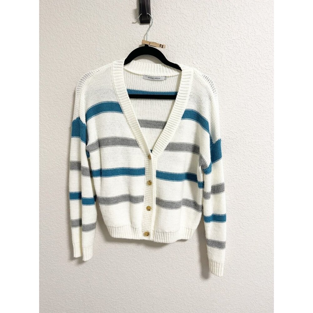 Stitches & Stripes Womens V Neck Buttoned Cardigan Striped Cream Blue Large